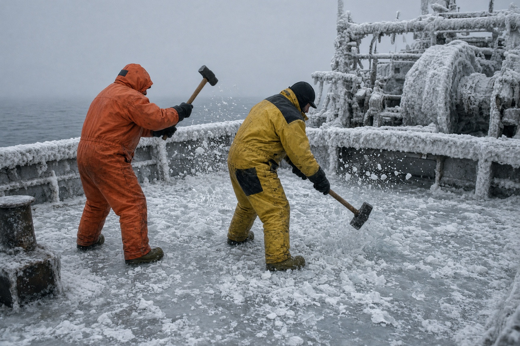 Crew in survival suits chipping ice