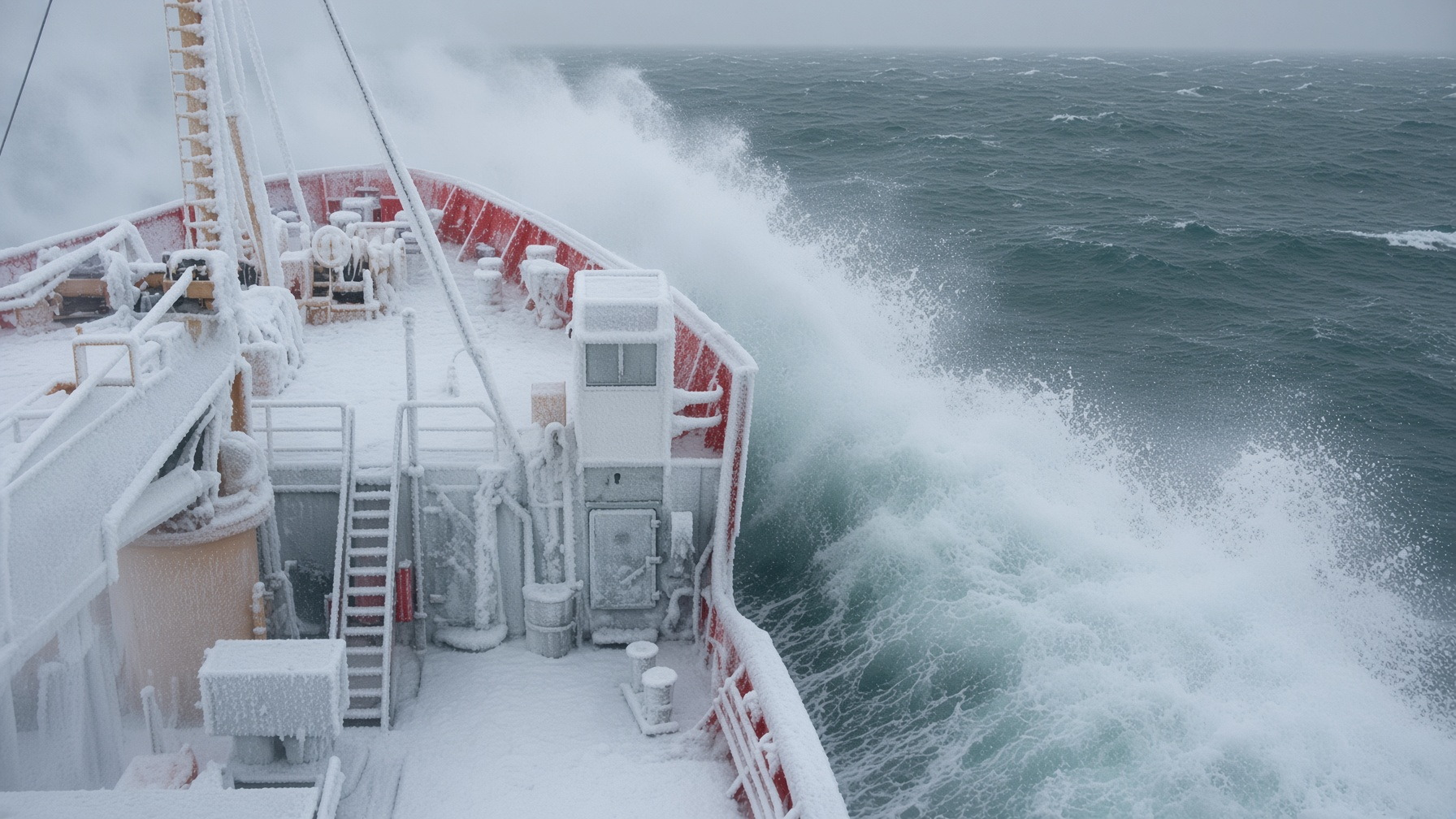Iced deck as spray comes over the rail
